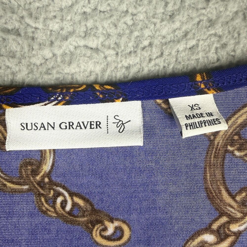 Susan Graver Liquid Knit Top Womens XS Blue Equestrian Chain Print V Neck Tunic - Picture 4 of 11